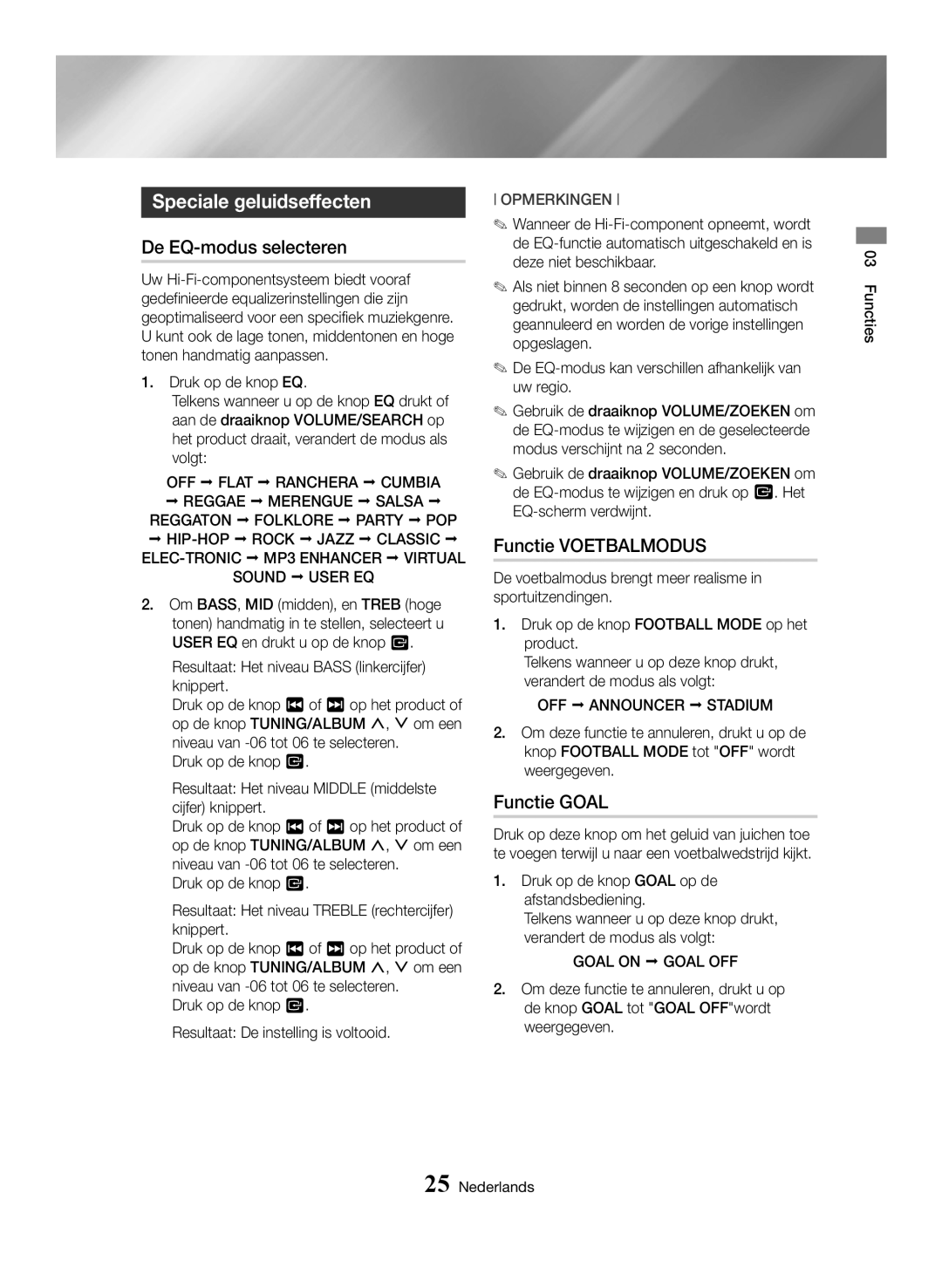 Samsung MX-HS8000/ZF, MX-HS8000/EN Speciale geluidseffecten, De EQ-modus selecteren, Functie Voetbalmodus, Functie Goal 