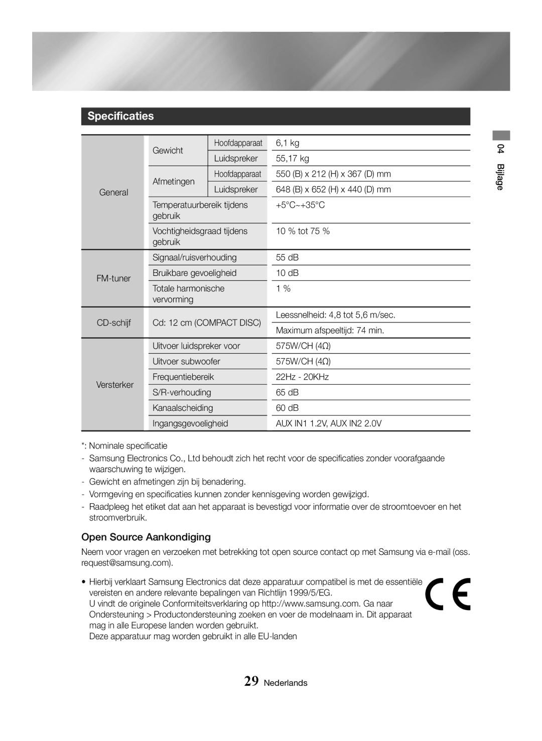 Samsung MX-HS8000/ZF, MX-HS8000/EN manual Specificaties, Open Source Aankondiging 