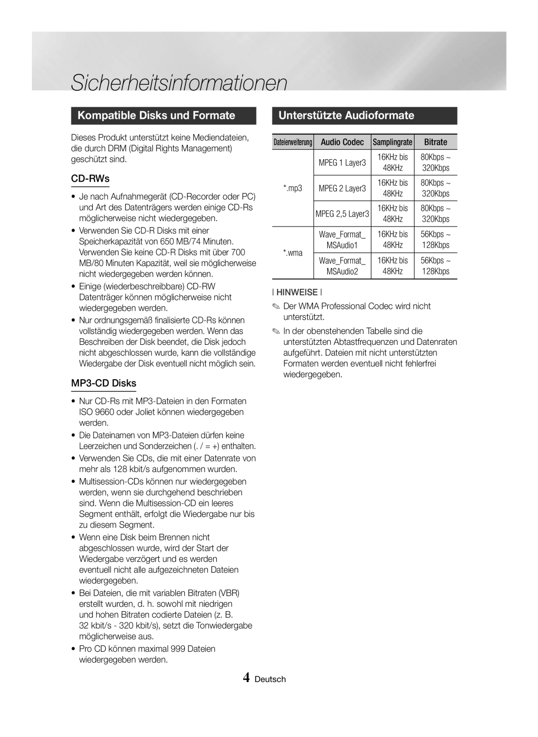 Samsung MX-HS8000/EN, MX-HS8000/ZF manual Kompatible Disks und Formate, Unterstützte Audioformate, CD-RWs, MP3-CD Disks 