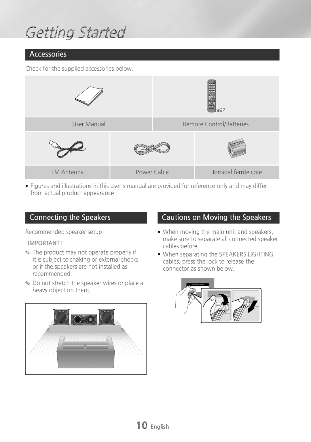 Samsung MX-HS8000/EN, MX-HS8000/ZF manual Accessories, Connecting the Speakers 