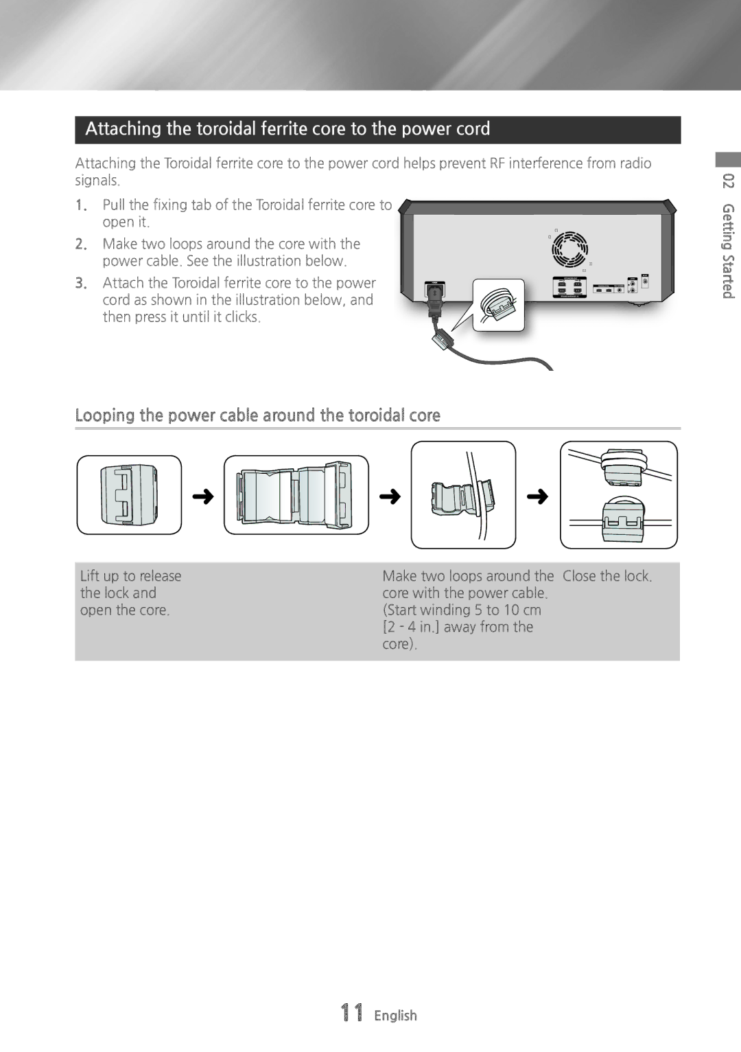 Samsung MX-HS8000/ZF, MX-HS8000/EN manual Attaching the toroidal ferrite core to the power cord 