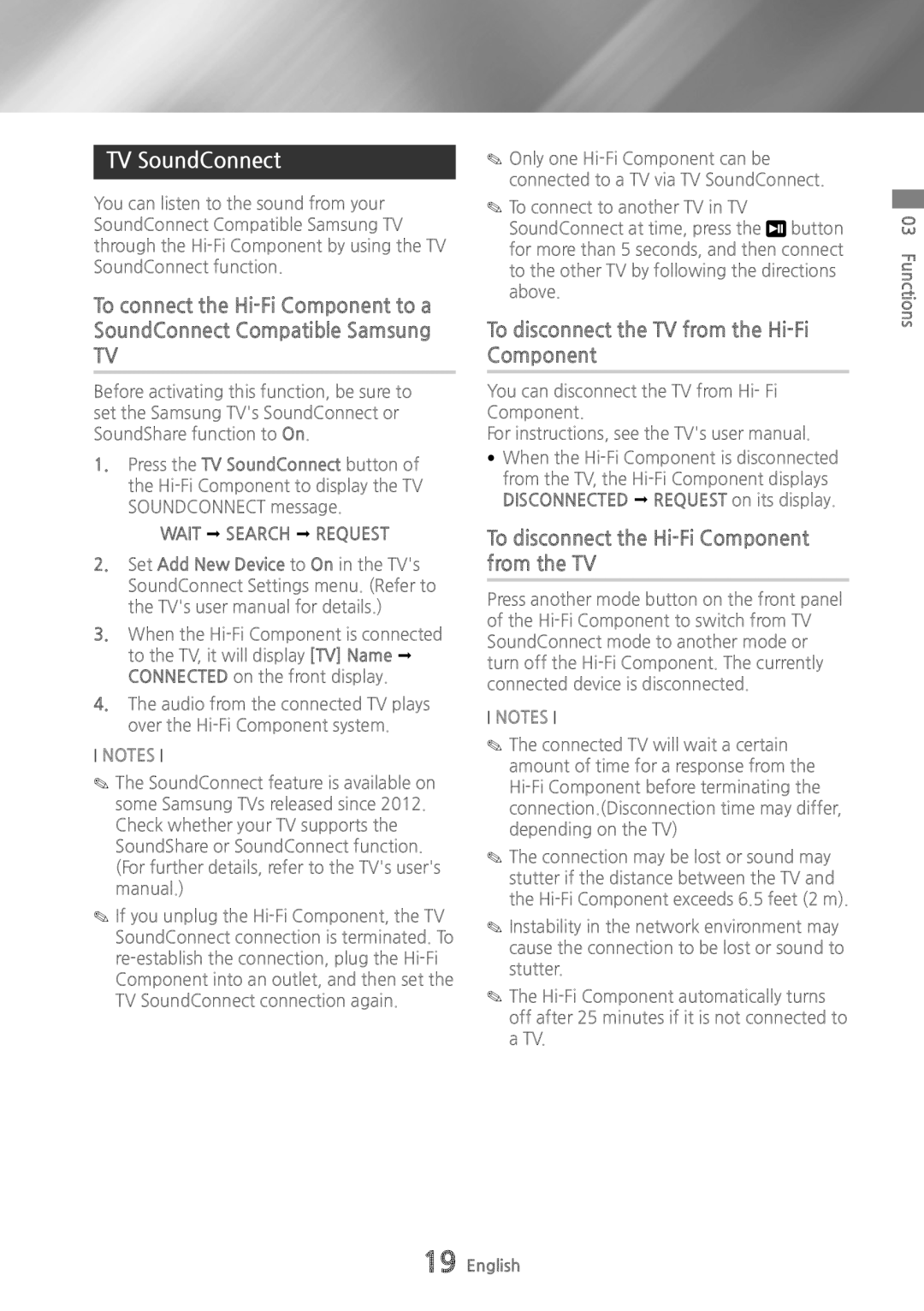 Samsung MX-HS8000/ZF, MX-HS8000/EN TV SoundConnect, To disconnect the TV from the Hi-Fi Component, Wait Search Request 