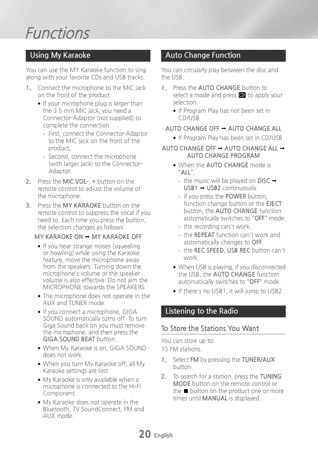 Samsung MX-HS8000/EN, MX-HS8000/ZF manual Auto Change Function, Listening to the Radio, To Store the Stations You Want 