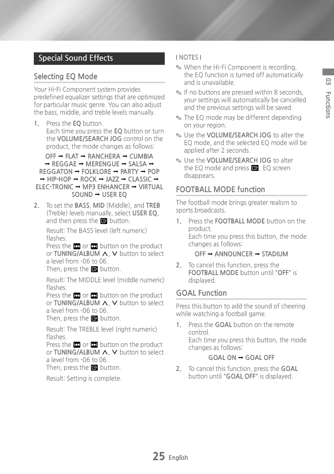 Samsung MX-HS8000/ZF, MX-HS8000/EN manual Special Sound Effects, Selecting EQ Mode, Football Mode function, Goal Function 