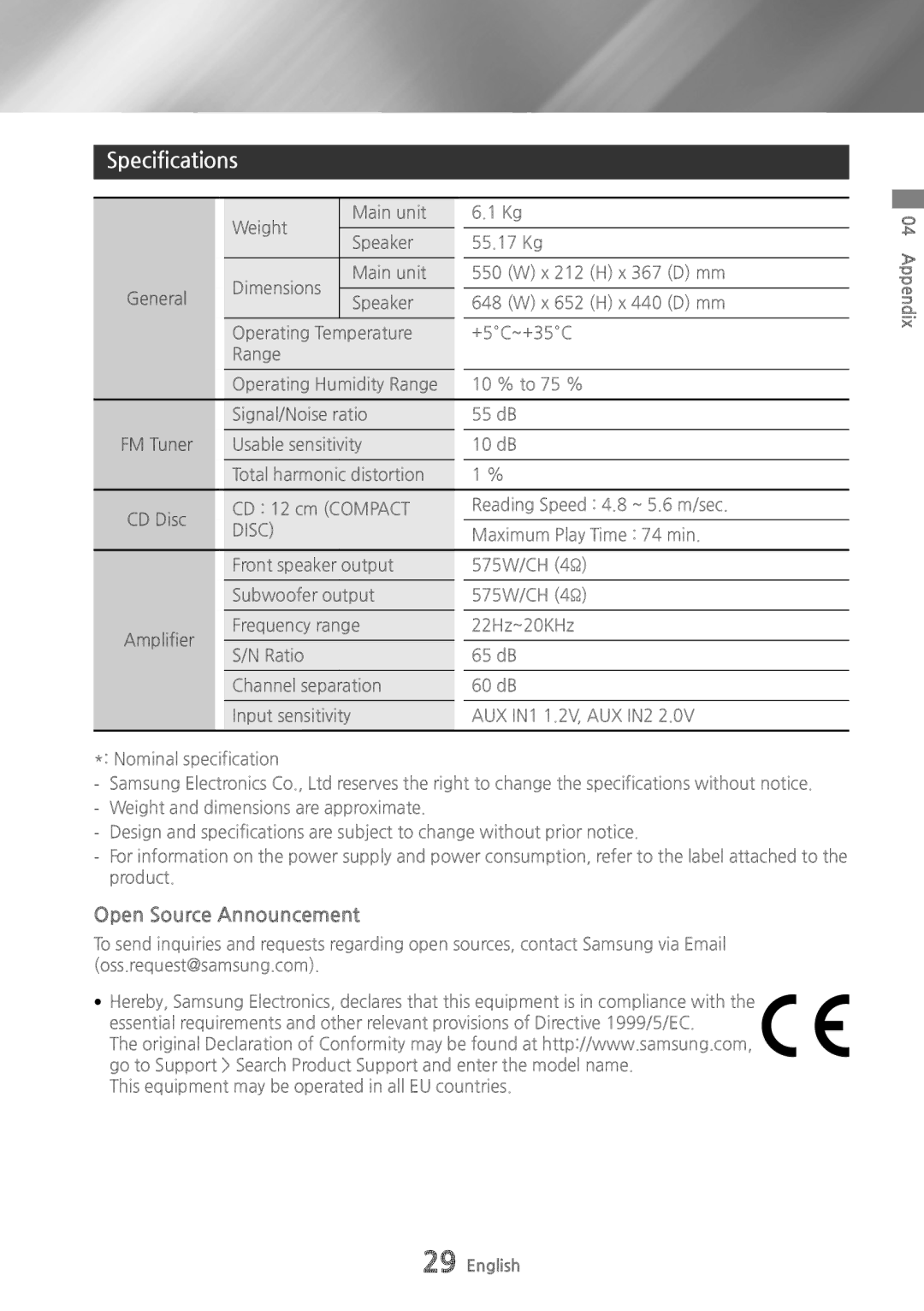 Samsung MX-HS8000/ZF, MX-HS8000/EN manual Specifications, Open Source Announcement, Disc 