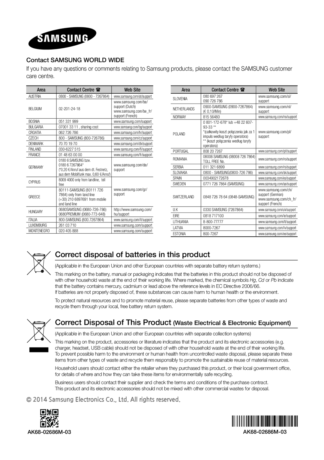 Samsung MX-HS8000/EN, MX-HS8000/ZF manual Correct disposal of batteries in this product 