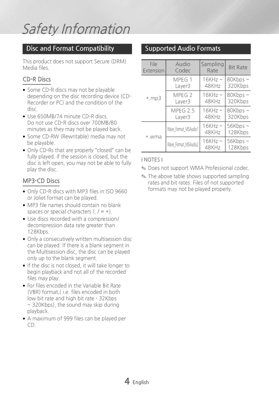 Samsung MX-HS8000/EN, MX-HS8000/ZF Disc and Format Compatibility, Supported Audio Formats, CD-R Discs, MP3-CD Discs, Mpeg 