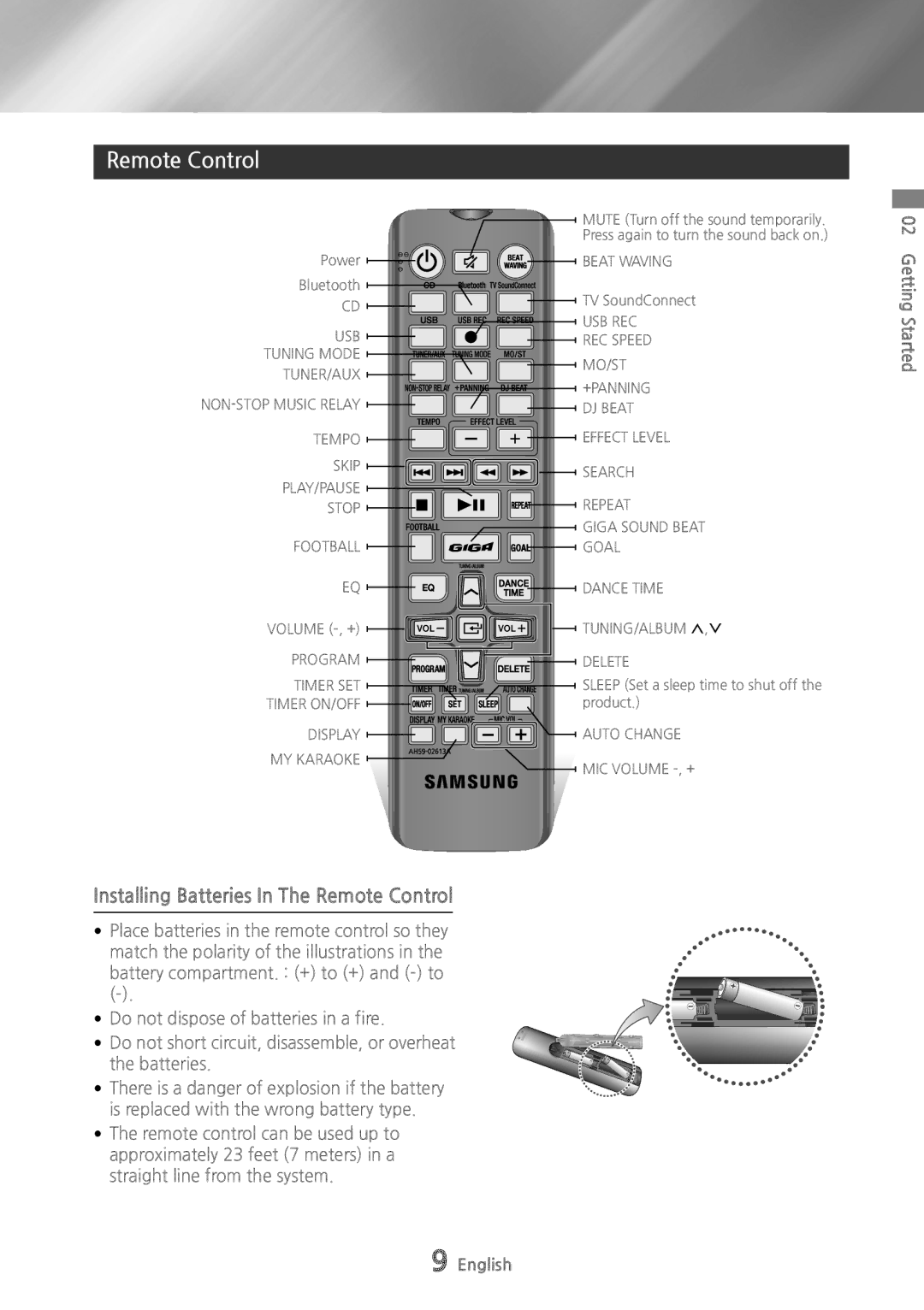 Samsung MX-HS8000/ZF, MX-HS8000/EN manual Installing Batteries In The Remote Control 