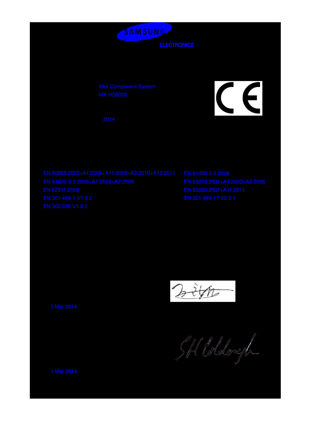 Samsung MX-HS8000/ZF, MX-HS8000/EN manual Declaration of Conformity 