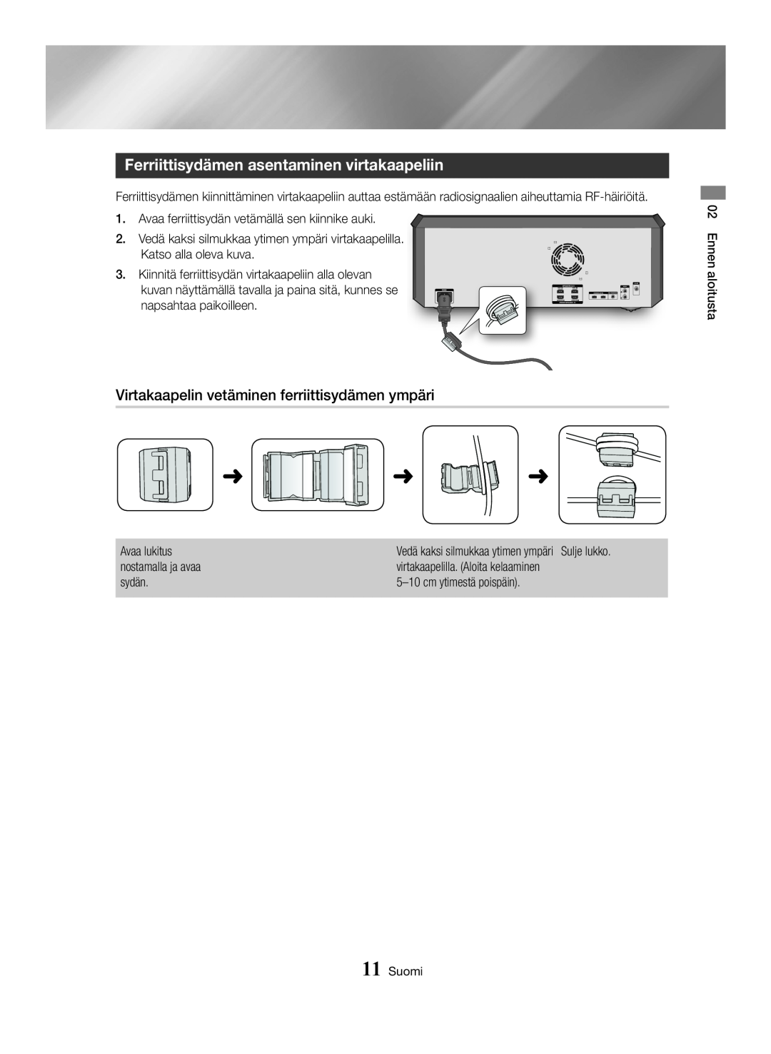 Samsung MX-HS8000/ZF manual Ferriittisydämen asentaminen virtakaapeliin, Virtakaapelin vetäminen ferriittisydämen ympäri 