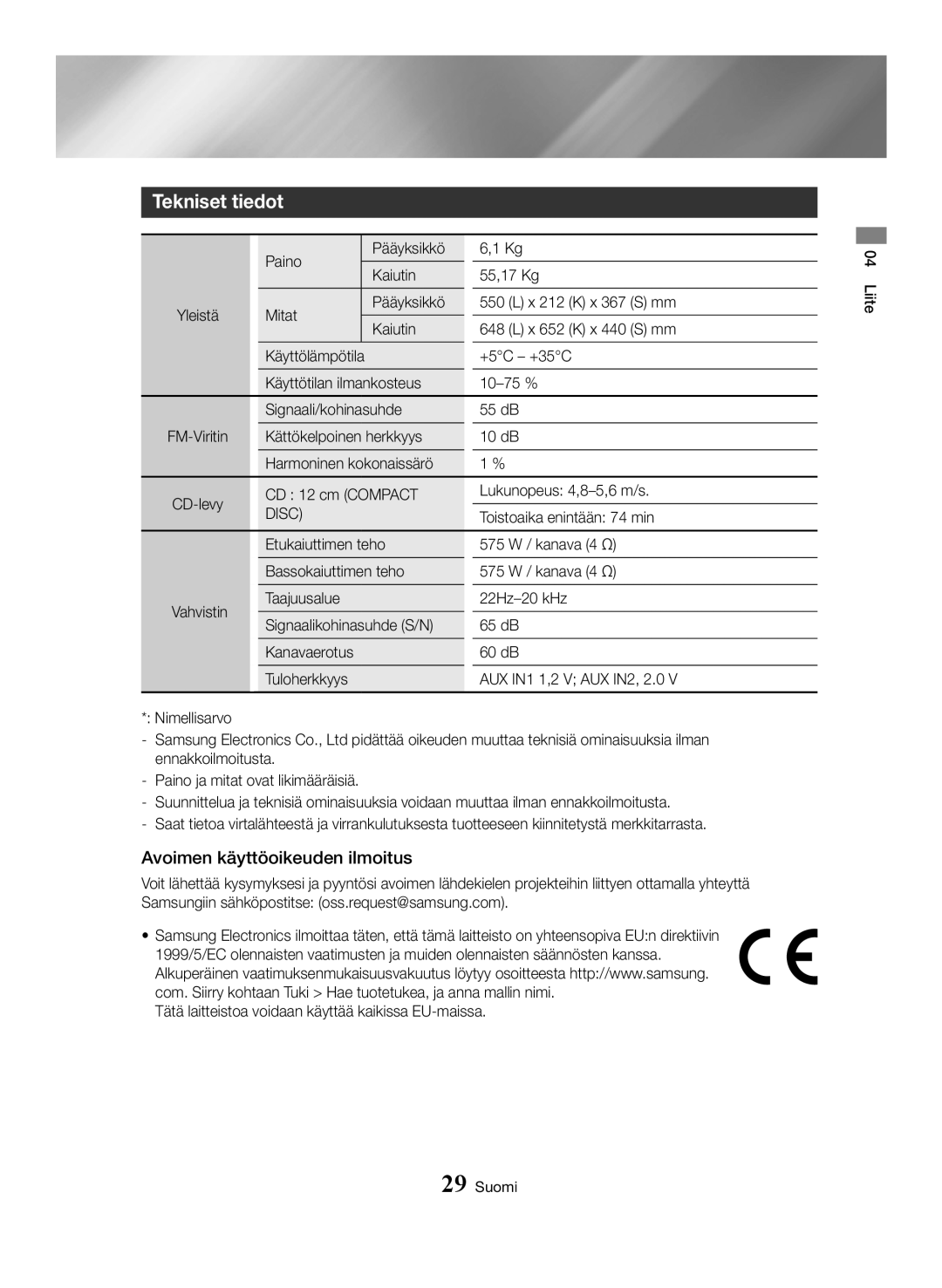 Samsung MX-HS8000/ZF, MX-HS8000/EN manual Tekniset tiedot, Avoimen käyttöoikeuden ilmoitus 