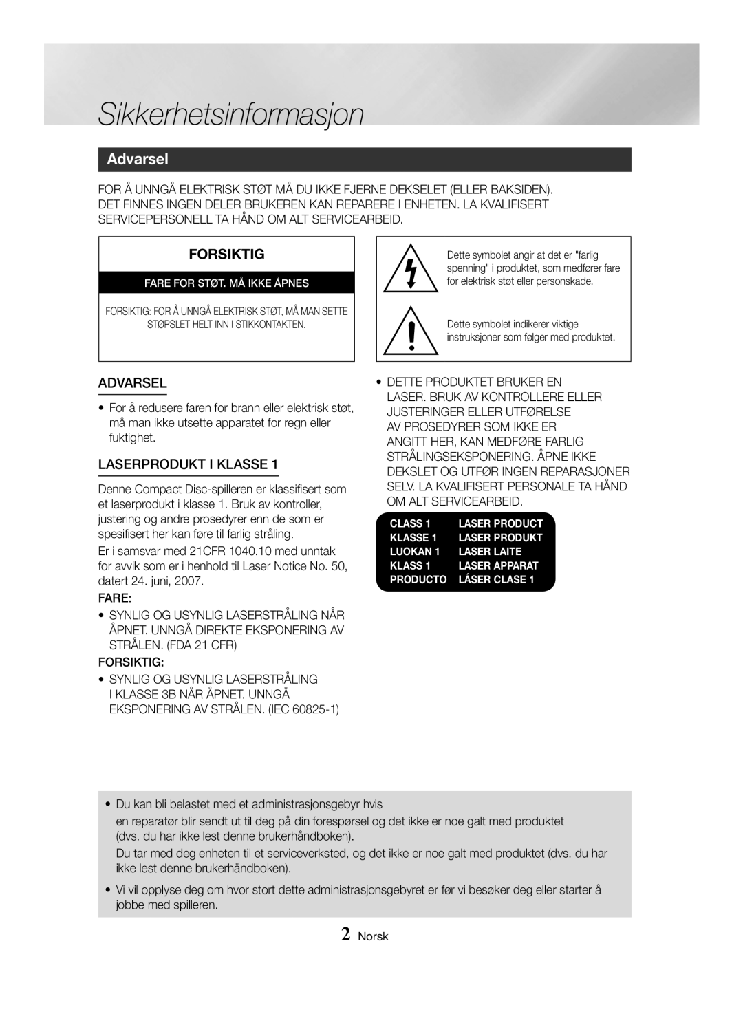 Samsung MX-HS8000/EN, MX-HS8000/ZF manual Sikkerhetsinformasjon, Forsiktig, Laserprodukt I Klasse, Advarsel 