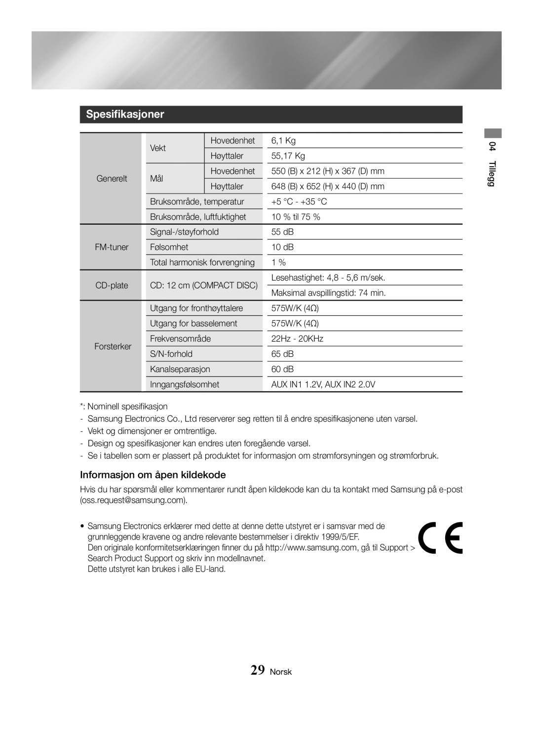 Samsung MX-HS8000/ZF, MX-HS8000/EN manual Spesifikasjoner, Informasjon om åpen kildekode 