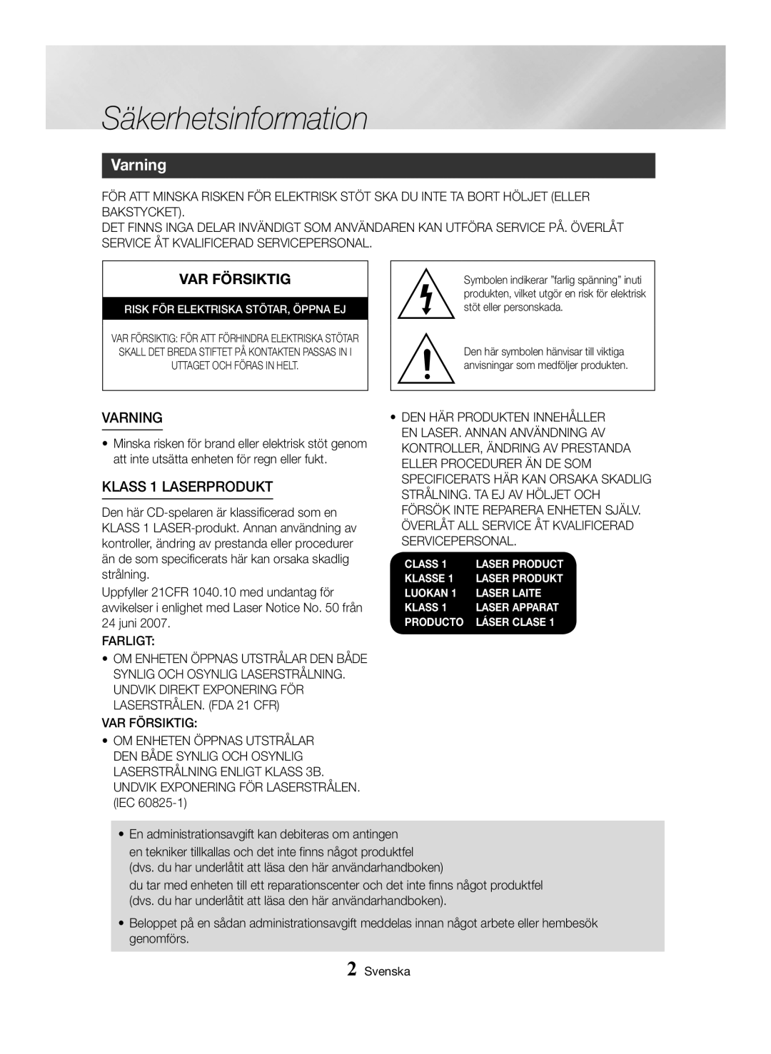 Samsung MX-HS8000/EN, MX-HS8000/ZF manual Säkerhetsinformation, Varning, Var Försiktig, KLASS 1 LASERPRODUKT 