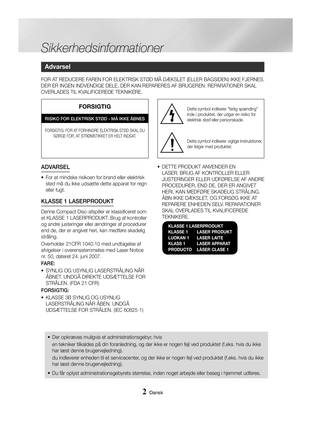 Samsung MX-HS8000/EN, MX-HS8000/ZF manual Sikkerhedsinformationer, Advarsel, Forsigtig, KLASSE 1 LASERPRODUKT 
