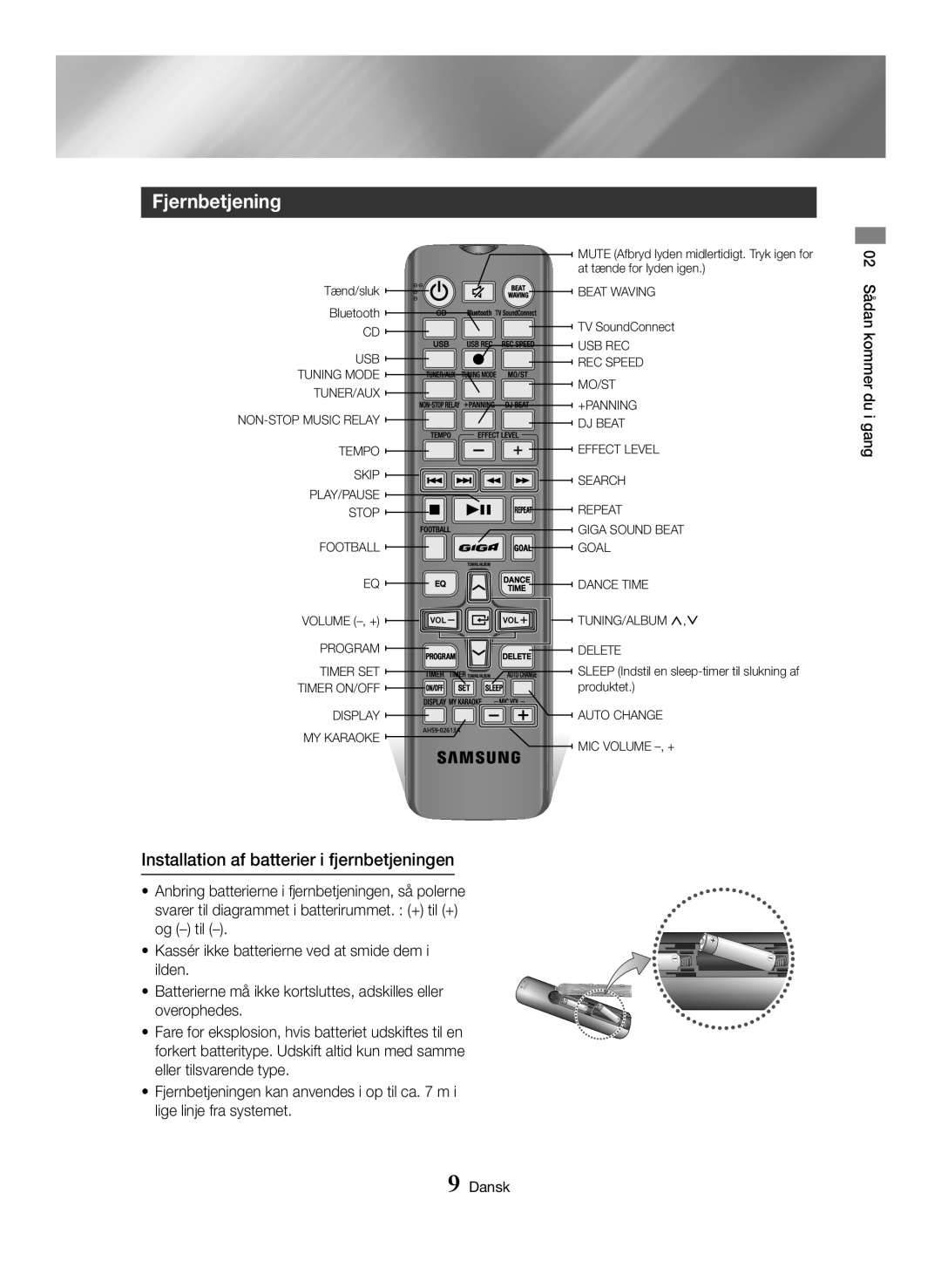 Samsung MX-HS8000/ZF, MX-HS8000/EN manual Fjernbetjening, Installation af batterier i fjernbetjeningen 