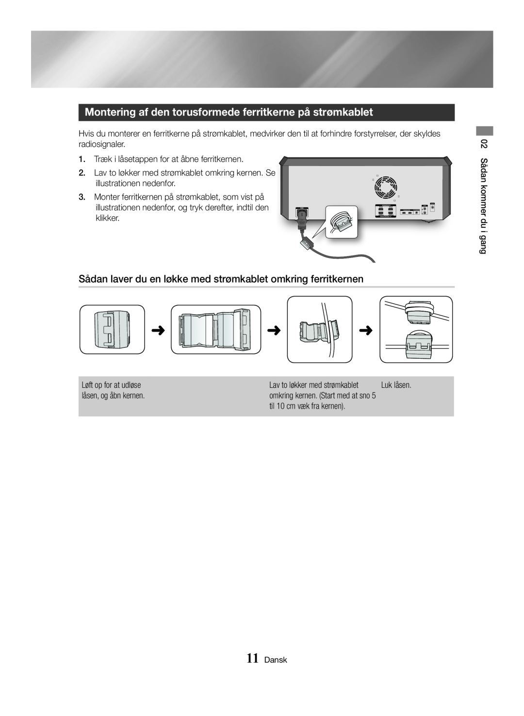 Samsung MX-HS8000/ZF, MX-HS8000/EN manual Montering af den torusformede ferritkerne på strømkablet 