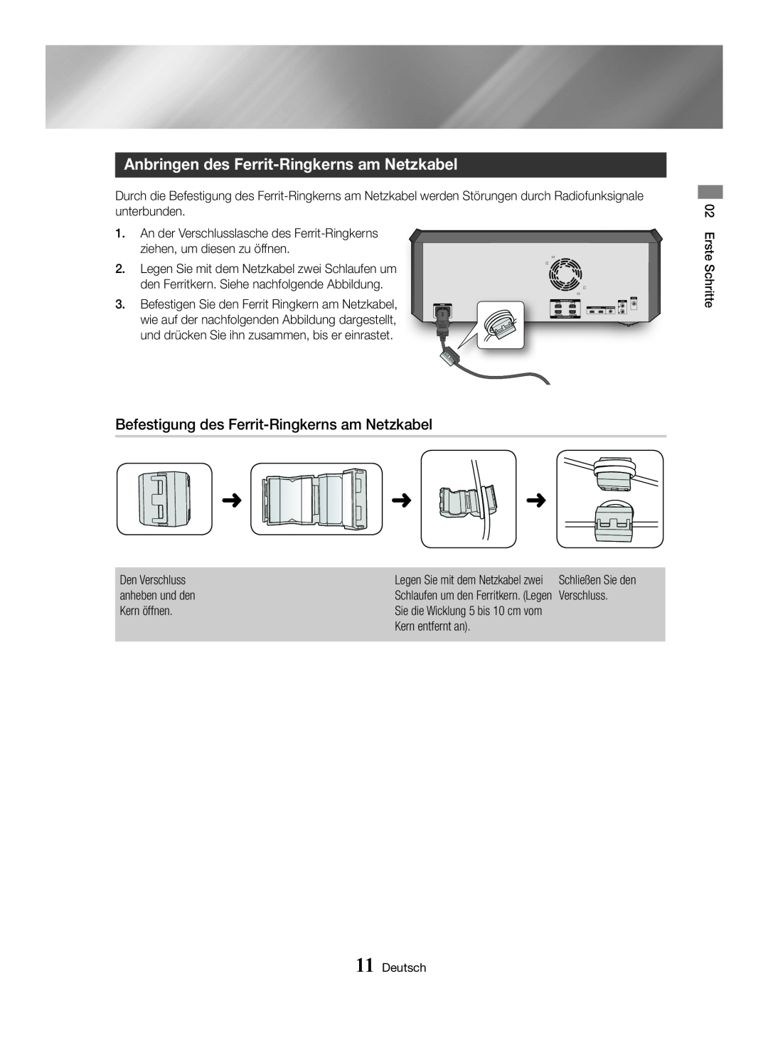 Samsung MX-HS8000/ZF manual Anbringen des Ferrit-Ringkerns am Netzkabel, Befestigung des Ferrit-Ringkerns am Netzkabel 