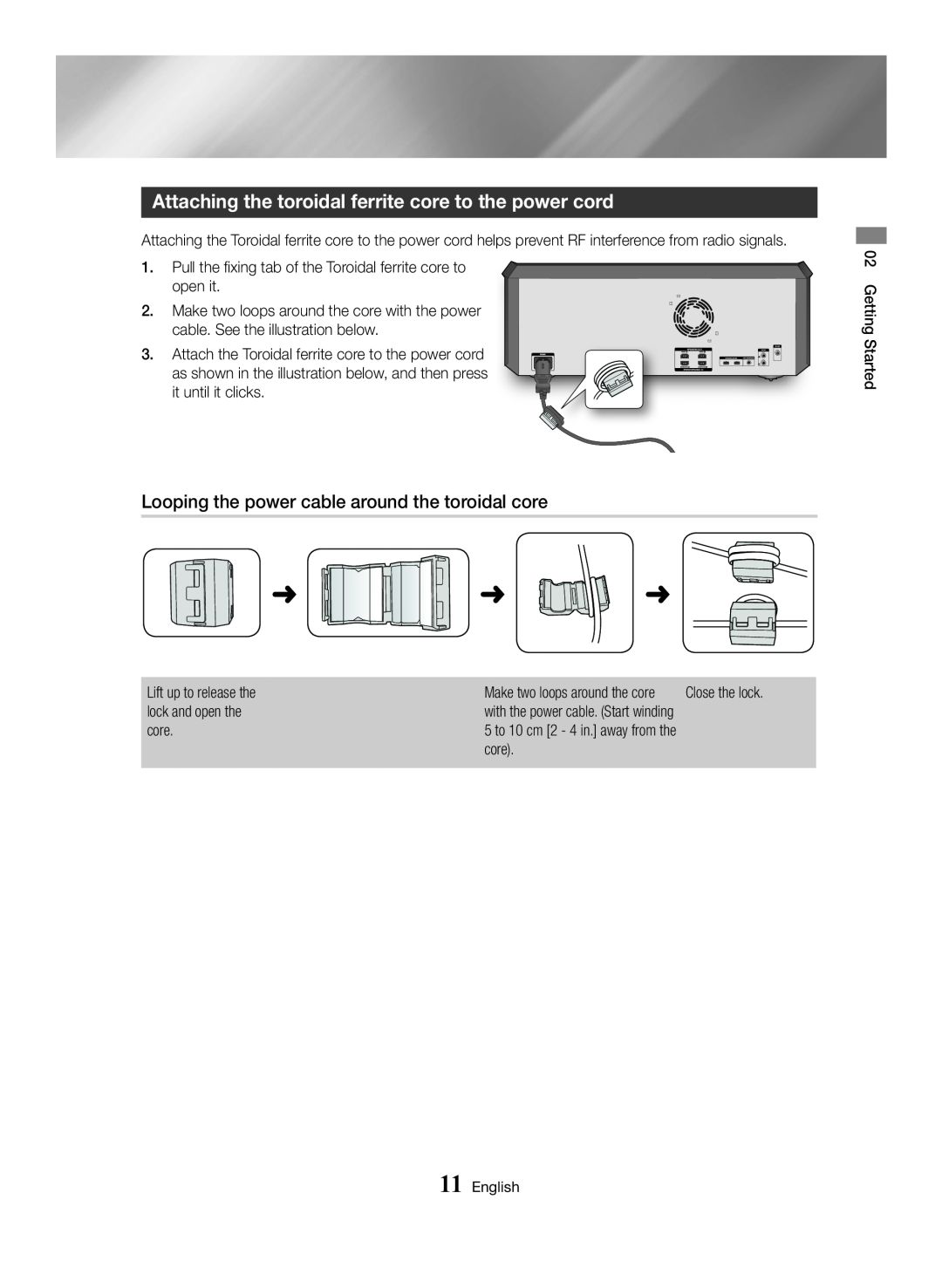 Samsung MX-HS8000/ZF, MX-HS8000/EN manual Attaching the toroidal ferrite core to the power cord 