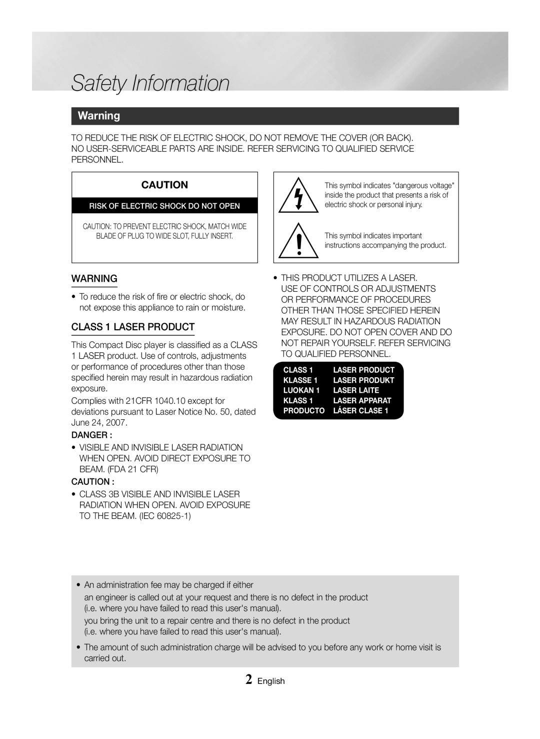 Samsung MX-HS8000/EN, MX-HS8000/ZF manual Safety Information, CLASS 1 LASER PRODUCT 