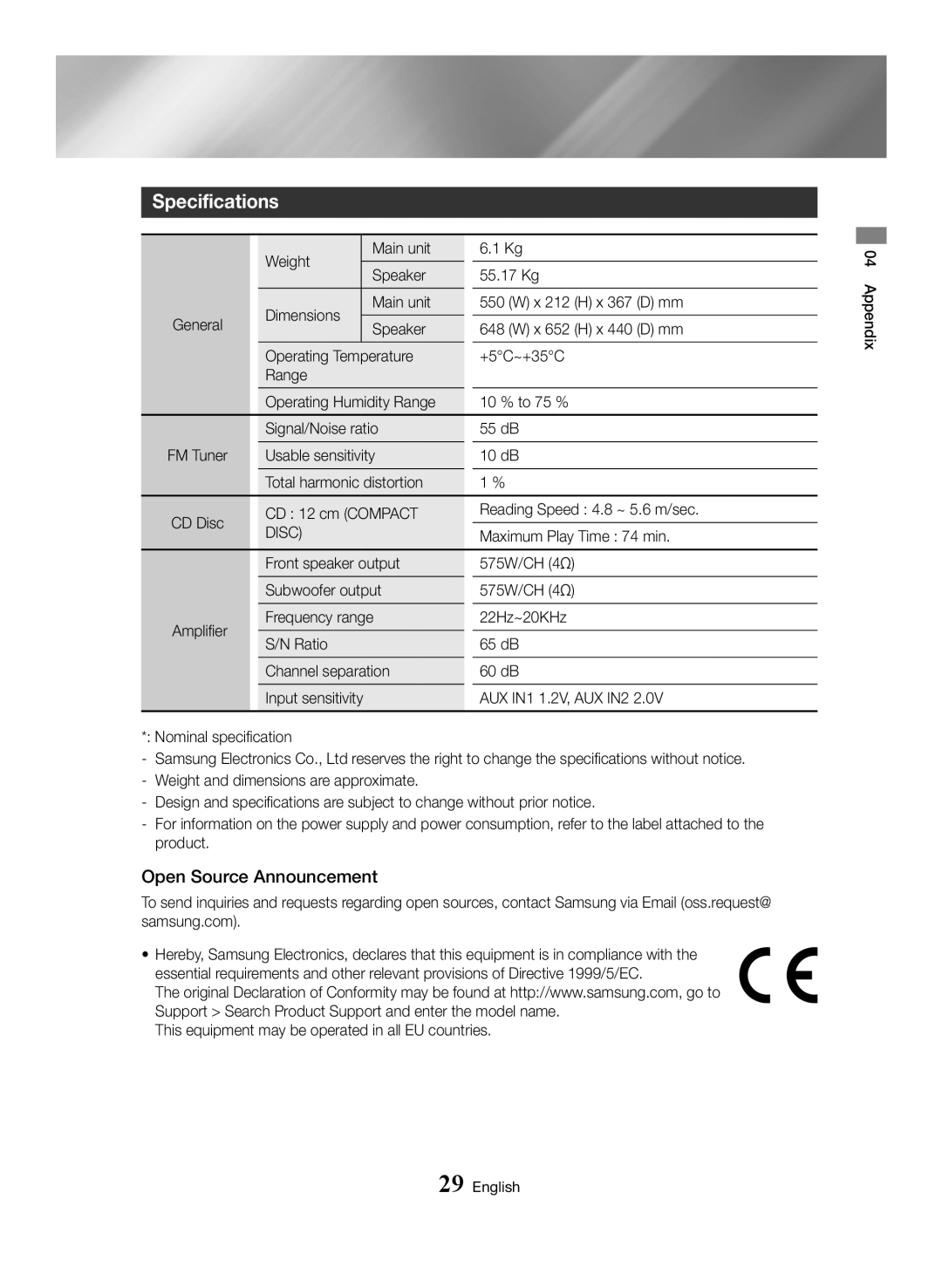 Samsung MX-HS8000/ZF, MX-HS8000/EN manual Specifications, Open Source Announcement 