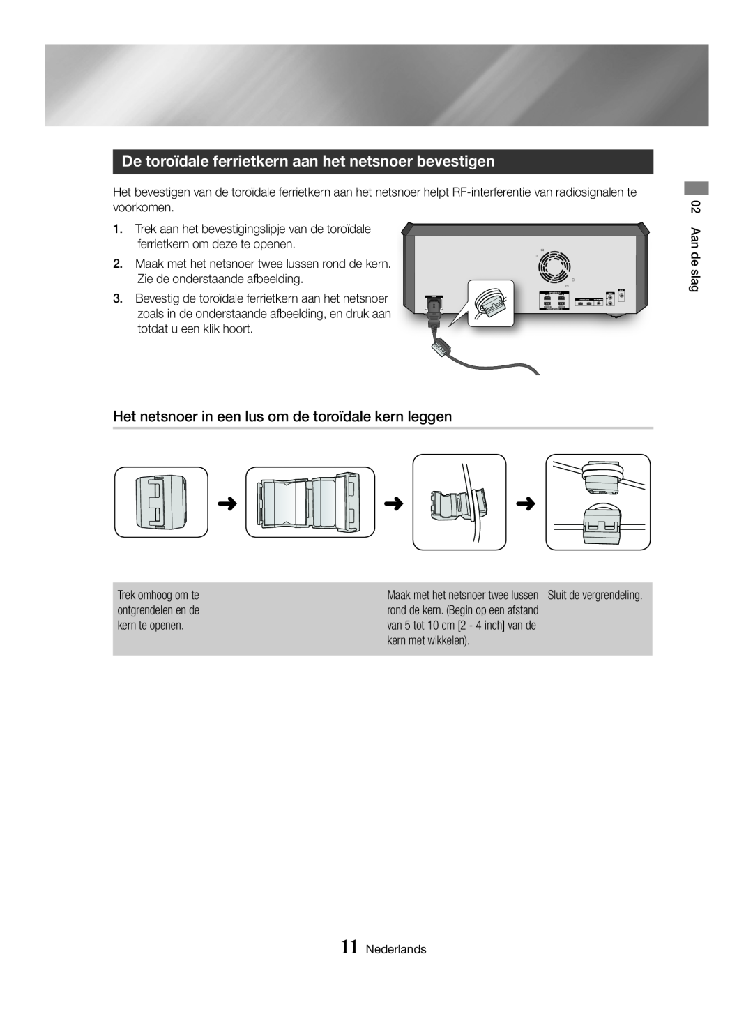 Samsung MX-HS8000/ZF, MX-HS8000/EN manual De toroïdale ferrietkern aan het netsnoer bevestigen 