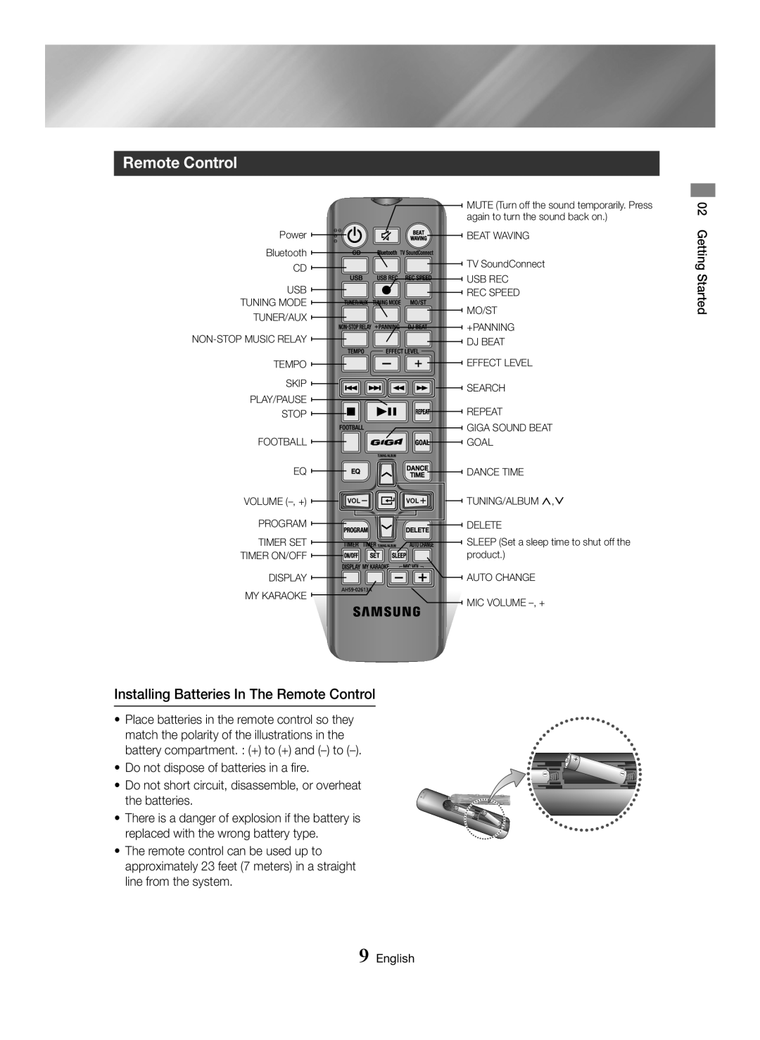 Samsung MX-HS8000/ZF, MX-HS8000/EN manual Installing Batteries In The Remote Control, Getting Started, English 