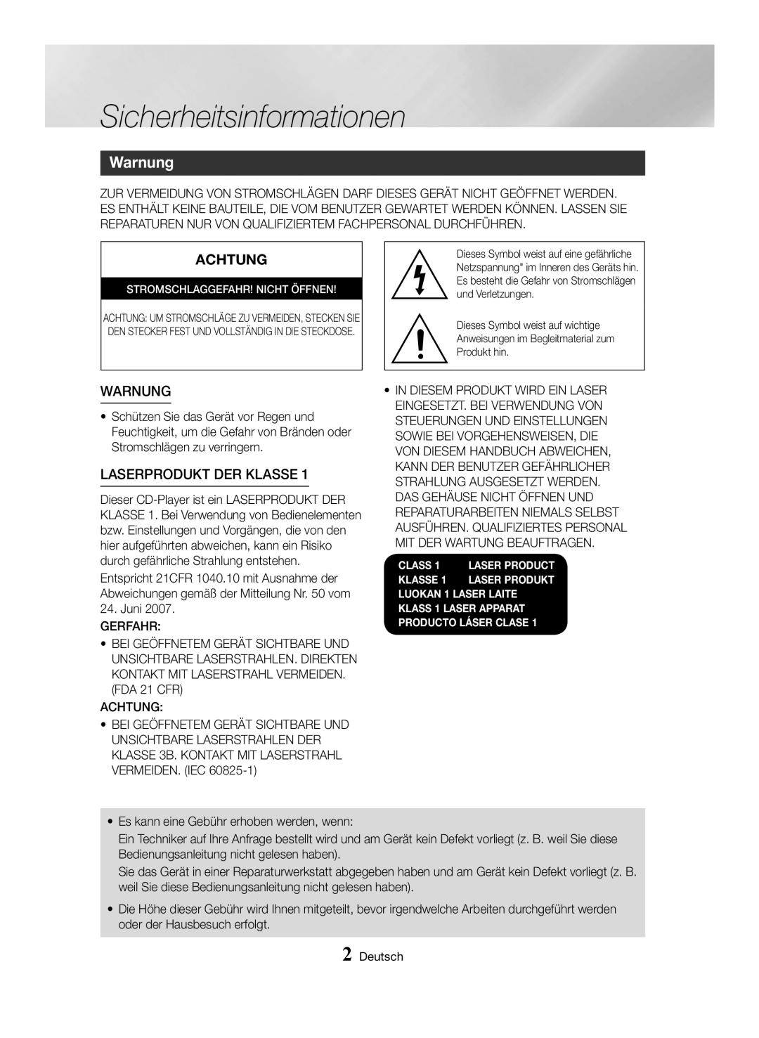 Samsung MX-HS8000/EN, MX-HS8000/ZF manual Sicherheitsinformationen, Warnung, Achtung, Laserprodukt Der Klasse 