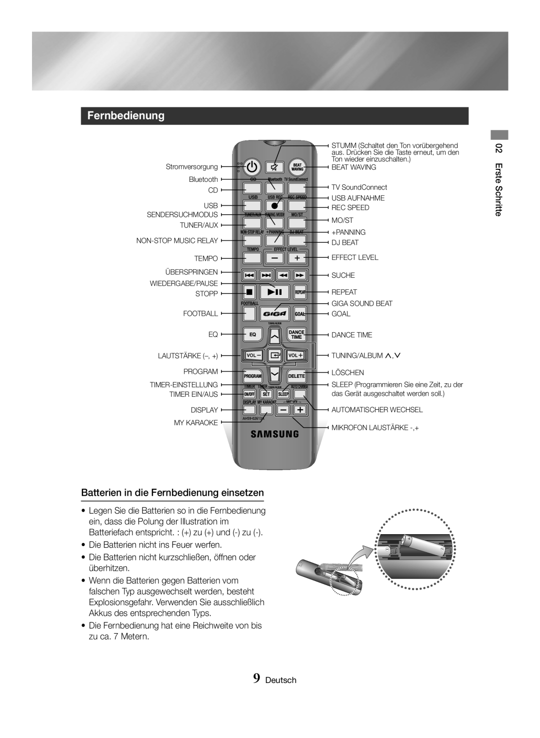 Samsung MX-HS8000/ZF, MX-HS8000/EN manual Batterien in die Fernbedienung einsetzen, Erste Schritte, Deutsch 