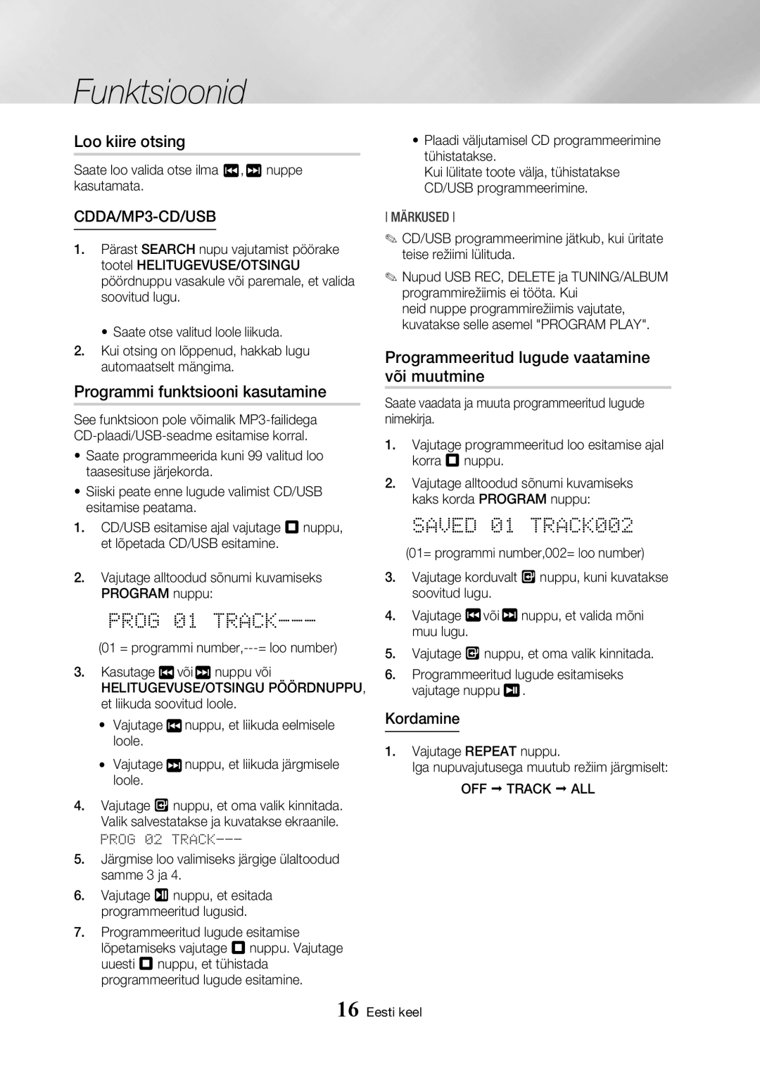 Samsung MX-HS8000/EN Loo kiire otsing, Programmi funktsiooni kasutamine, Programmeeritud lugude vaatamine või muutmine 