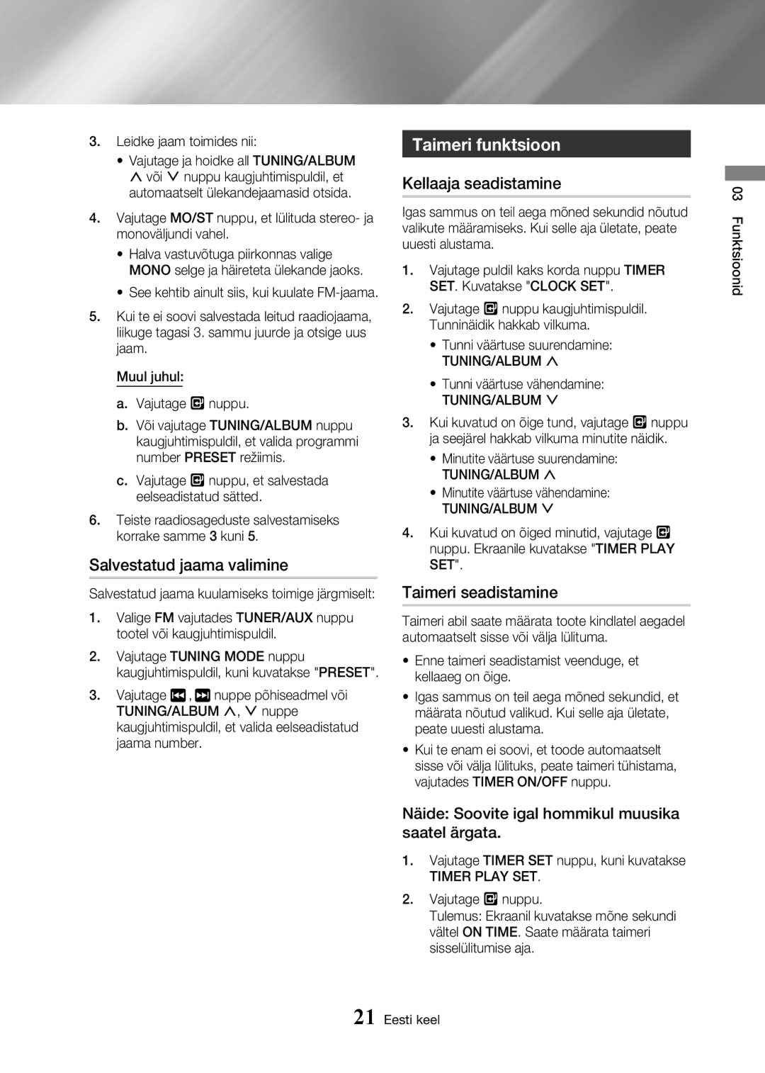 Samsung MX-HS8000/EN manual Salvestatud jaama valimine, Taimeri funktsioon, Kellaaja seadistamine, Taimeri seadistamine 