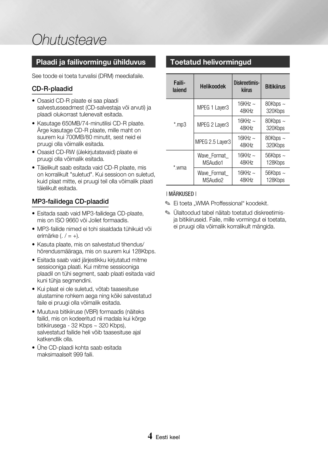 Samsung MX-HS8000/EN Plaadi ja failivormingu ühilduvus, Toetatud helivormingud, CD-R-plaadid, MP3-failidega CD-plaadid 