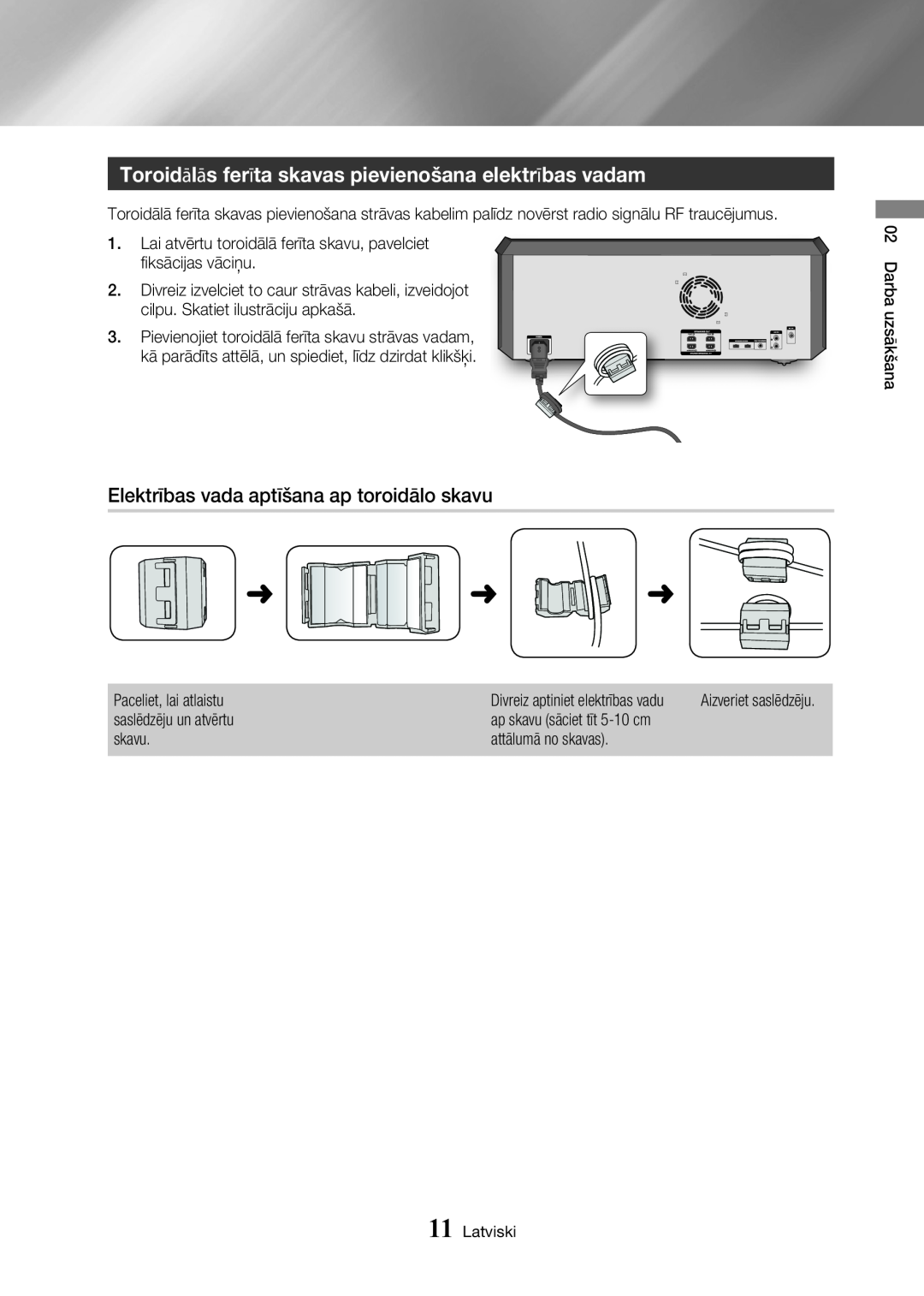 Samsung MX-HS8000/EN Toroidālās ferīta skavas pievienošana elektrības vadam, Elektrības vada aptīšana ap toroidālo skavu 