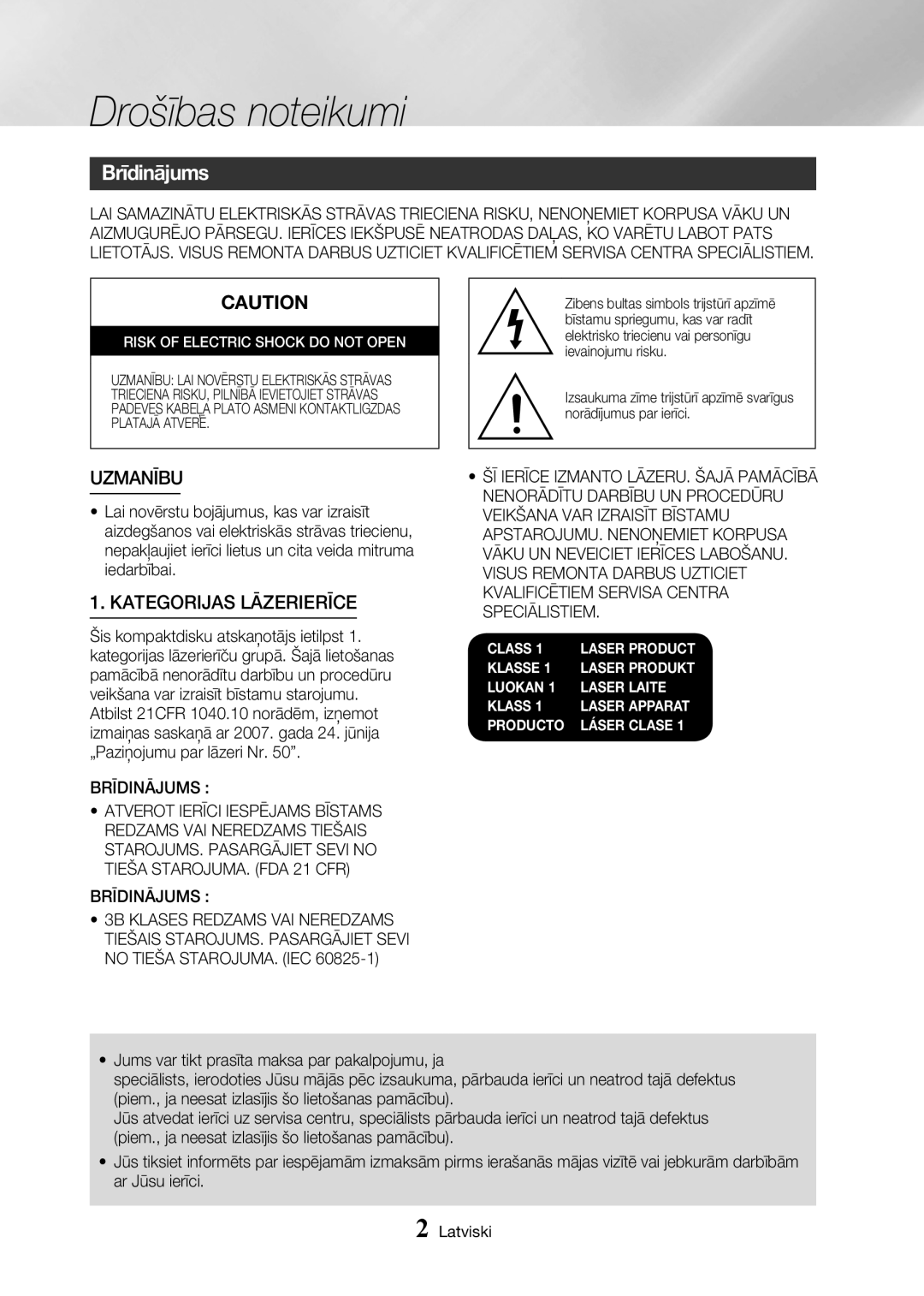 Samsung MX-HS8000/EN manual Drošības noteikumi, Brīdinājums, Uzmanību, Kategorijas Lāzerierīce 