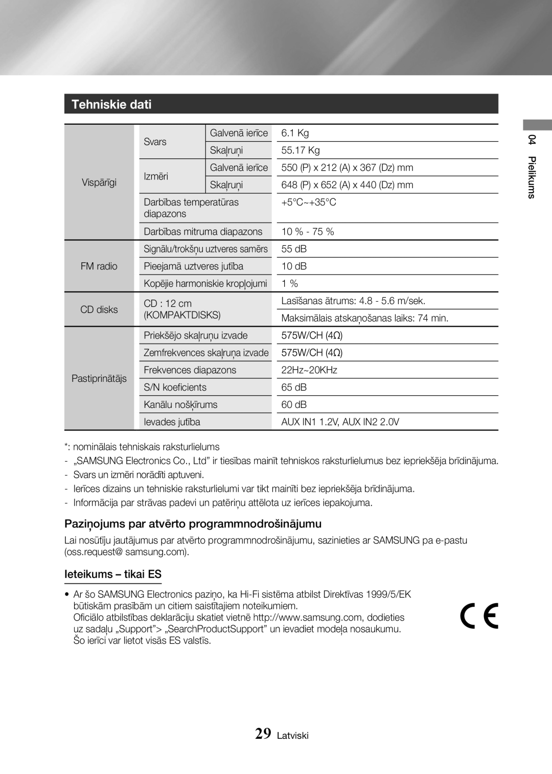 Samsung MX-HS8000/EN manual Tehniskie dati, Paziņojums par atvērto programmnodrošinājumu, Ieteikums - tikai ES 