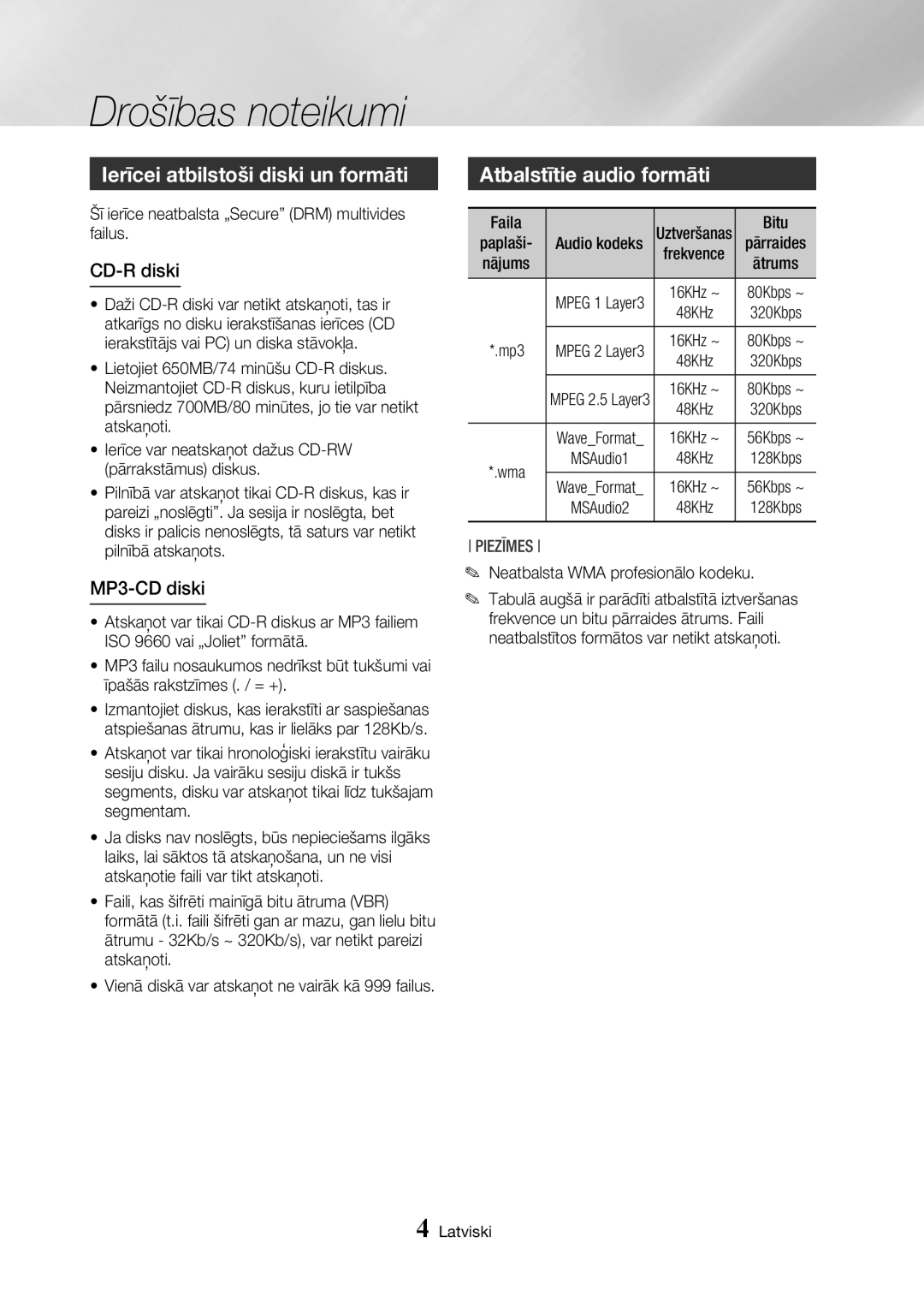 Samsung MX-HS8000/EN Ierīcei atbilstoši diski un formāti, Atbalstītie audio formāti, CD-R diski, MP3-CD diski, Piezīmes 