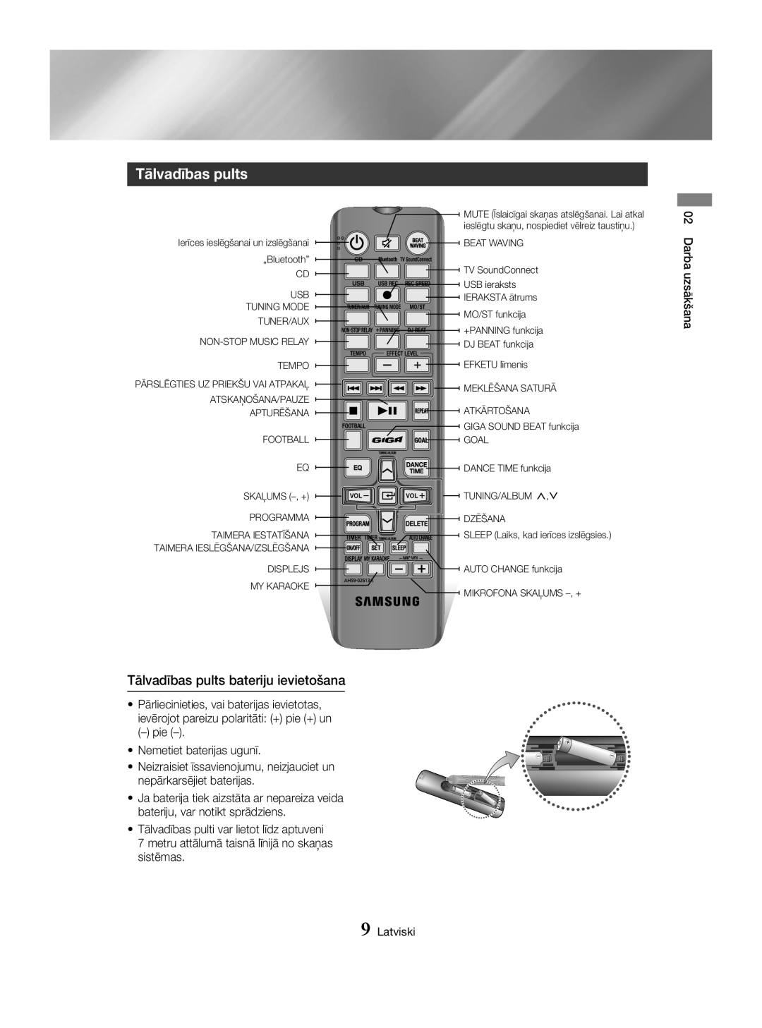 Samsung MX-HS8000/EN manual Tālvadības pults bateriju ievietošana, Darba uzsākšana, Latviski 
