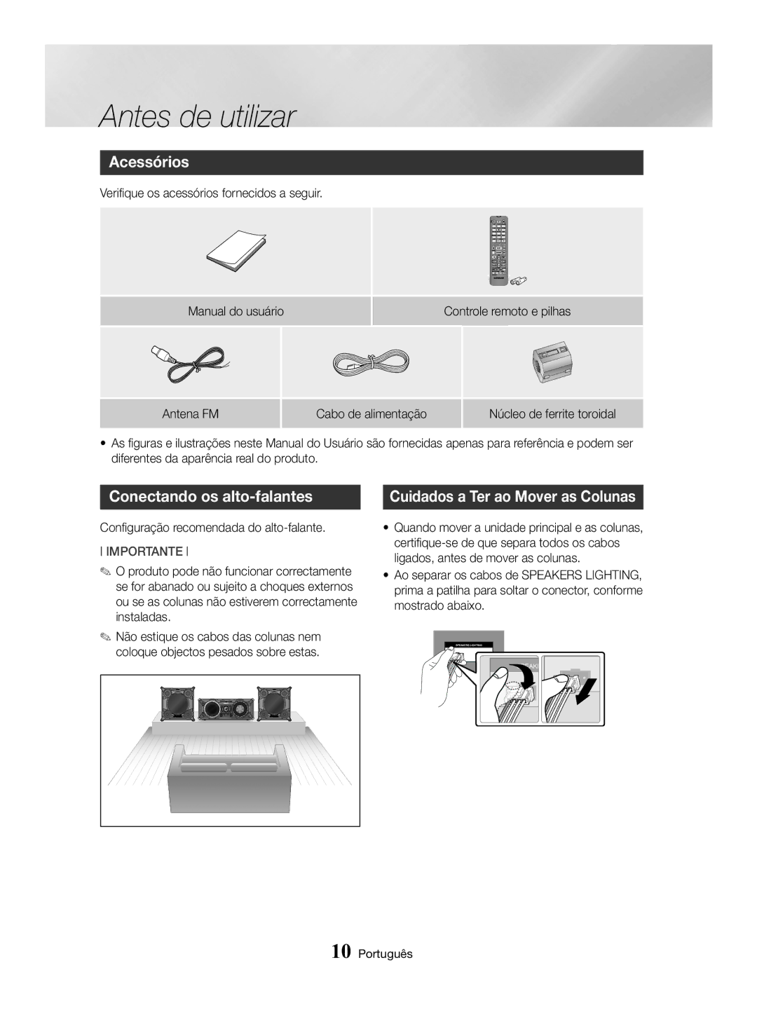 Samsung MX-HS8000/ZF manual Acessórios, Conectando os alto-falantes, Cuidados a Ter ao Mover as Colunas 