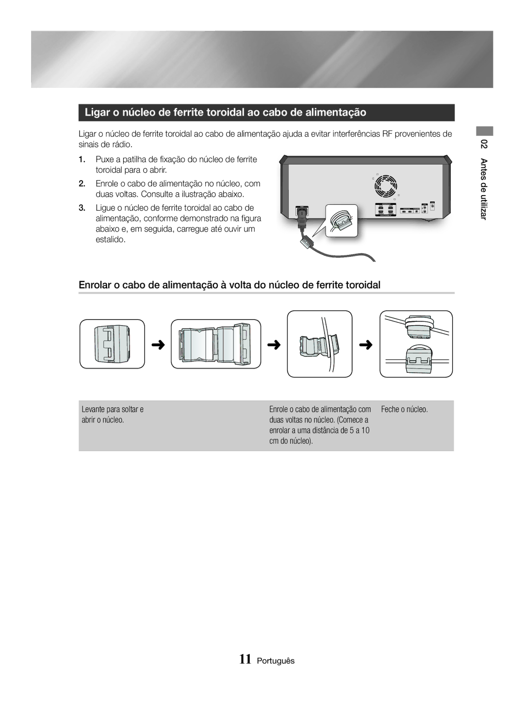 Samsung MX-HS8000/ZF manual Ligar o núcleo de ferrite toroidal ao cabo de alimentação 