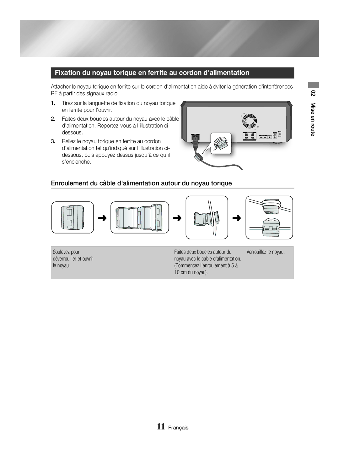 Samsung MX-HS8000/ZF manual Enroulement du câble dalimentation autour du noyau torique 