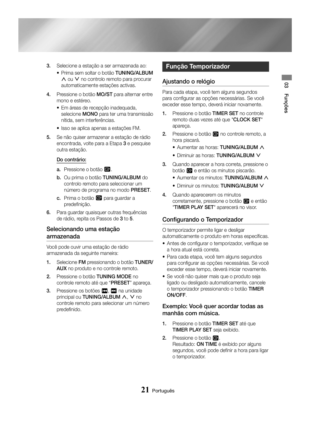 Samsung MX-HS8000/ZF manual Selecionando uma estação armazenada, Função Temporizador, Ajustando o relógio 