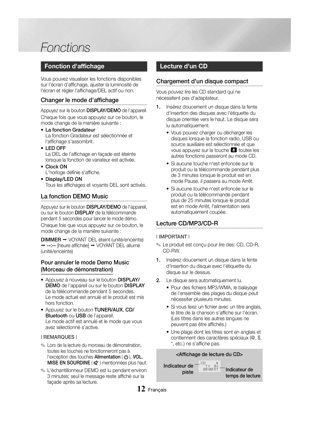 Samsung MX-HS8000/ZF manual Fonctions, Fonction daffichage, Changer le mode d’affichage, Chargement dun disque compact 