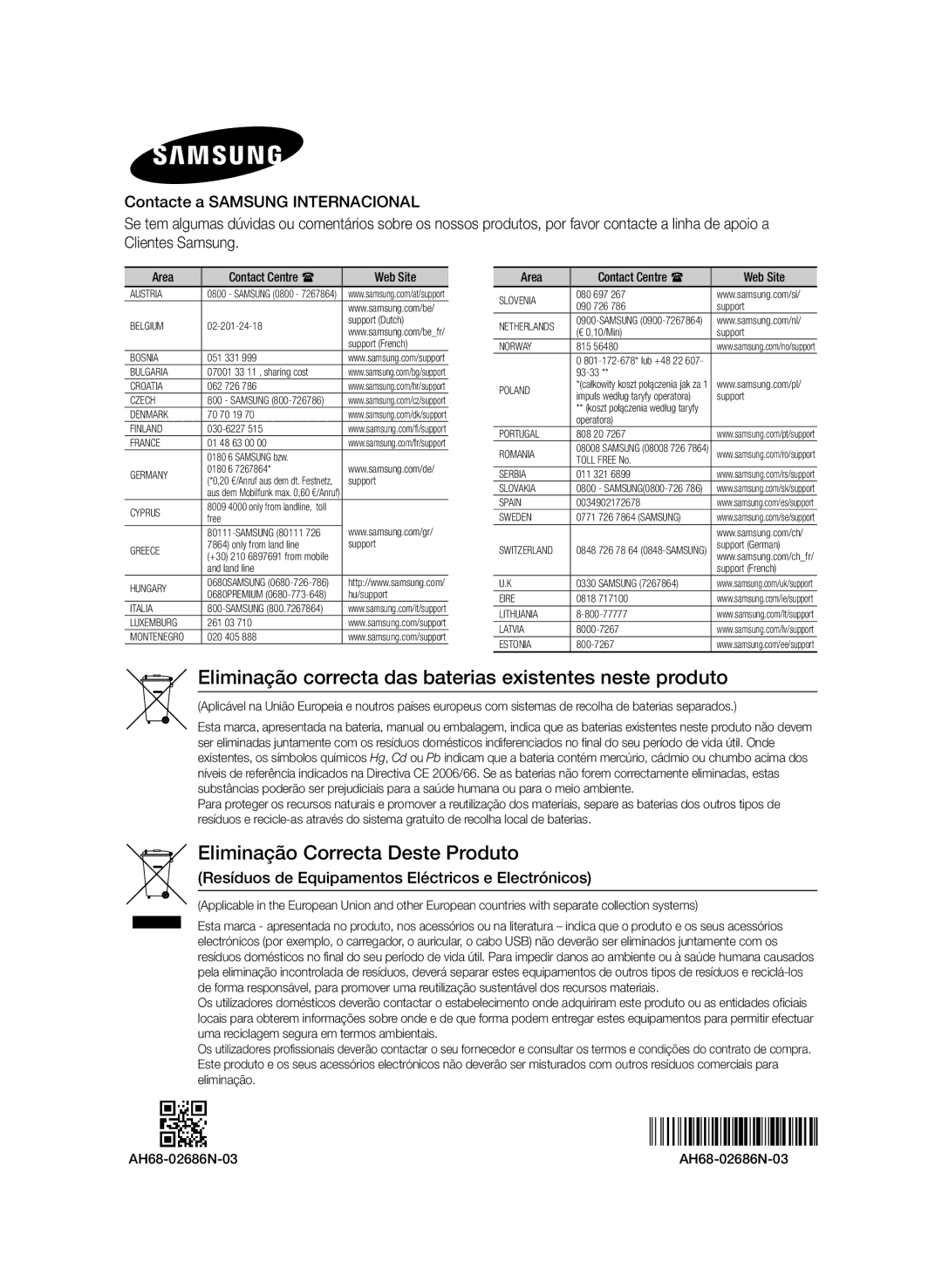 Samsung MX-HS8000/ZF manual Eliminação correcta das baterias existentes neste produto 