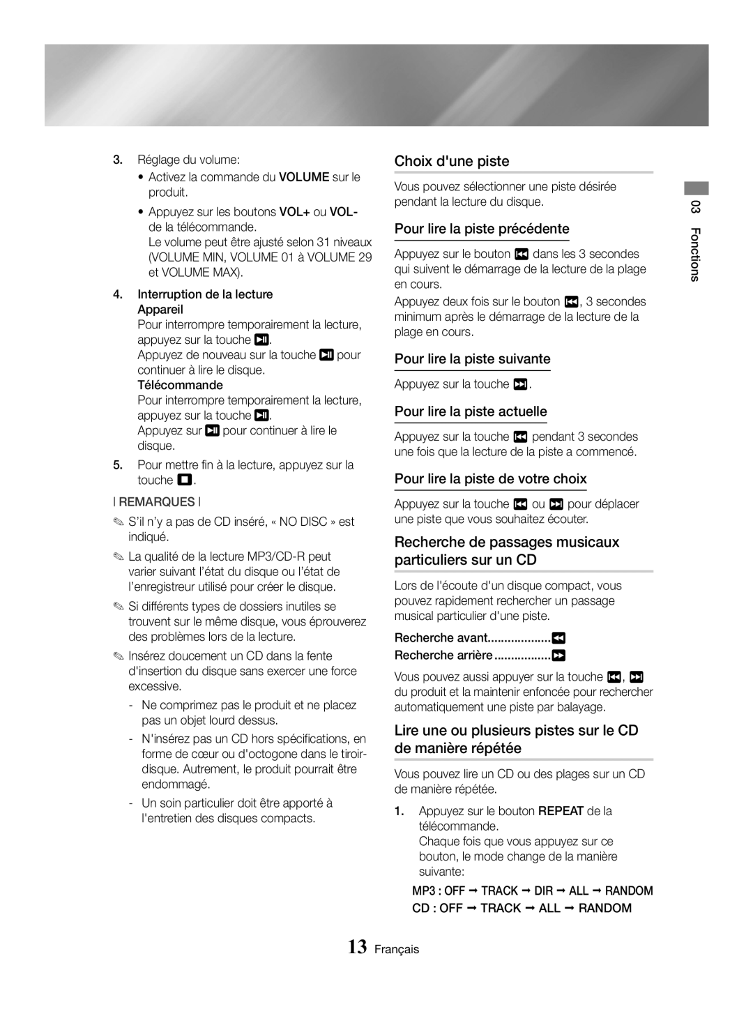 Samsung MX-HS8000/ZF manual Choix dune piste, Recherche de passages musicaux, Particuliers sur un CD, De manière répétée 