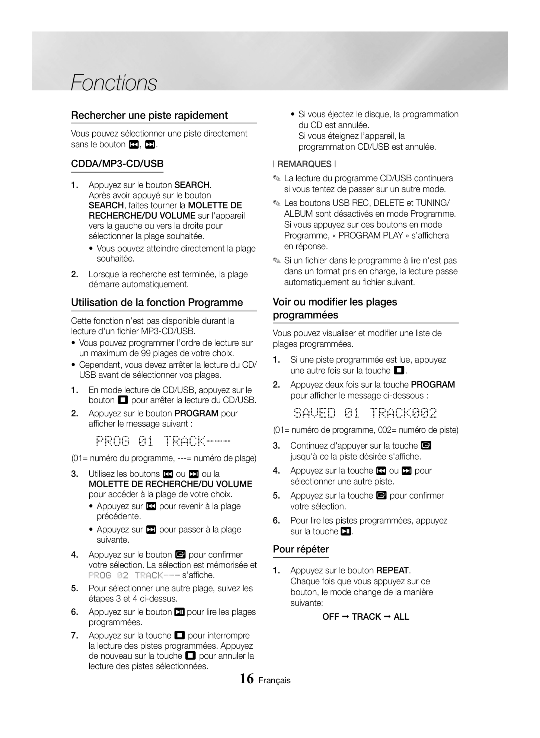 Samsung MX-HS8000/ZF manual Rechercher une piste rapidement, Utilisation de la fonction Programme, OFF Track ALL 