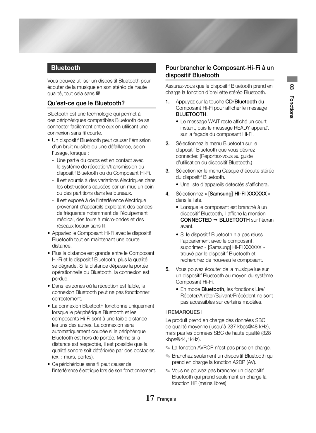 Samsung MX-HS8000/ZF manual Qu’est-ce que le Bluetooth?, Pour brancher le Composant-Hi-Fi à un dispositif Bluetooth 