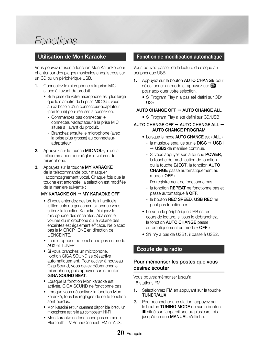 Samsung MX-HS8000/ZF manual Utilisation de Mon Karaoke, Fonction de modification automatique, Écoute de la radio 