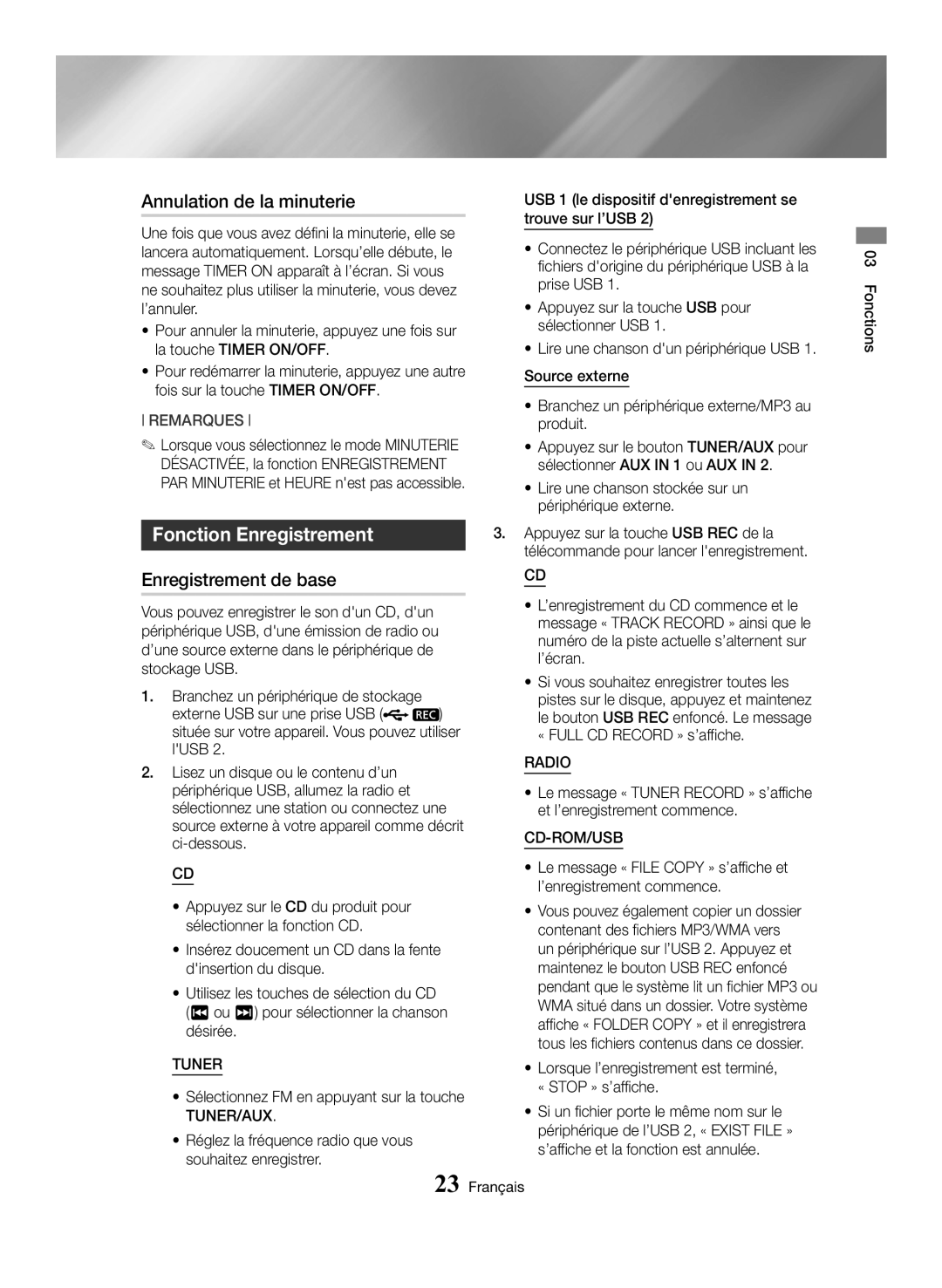 Samsung MX-HS8000/ZF manual Annulation de la minuterie, Fonction Enregistrement, Enregistrement de base, Radio, Cd-Rom/Usb 