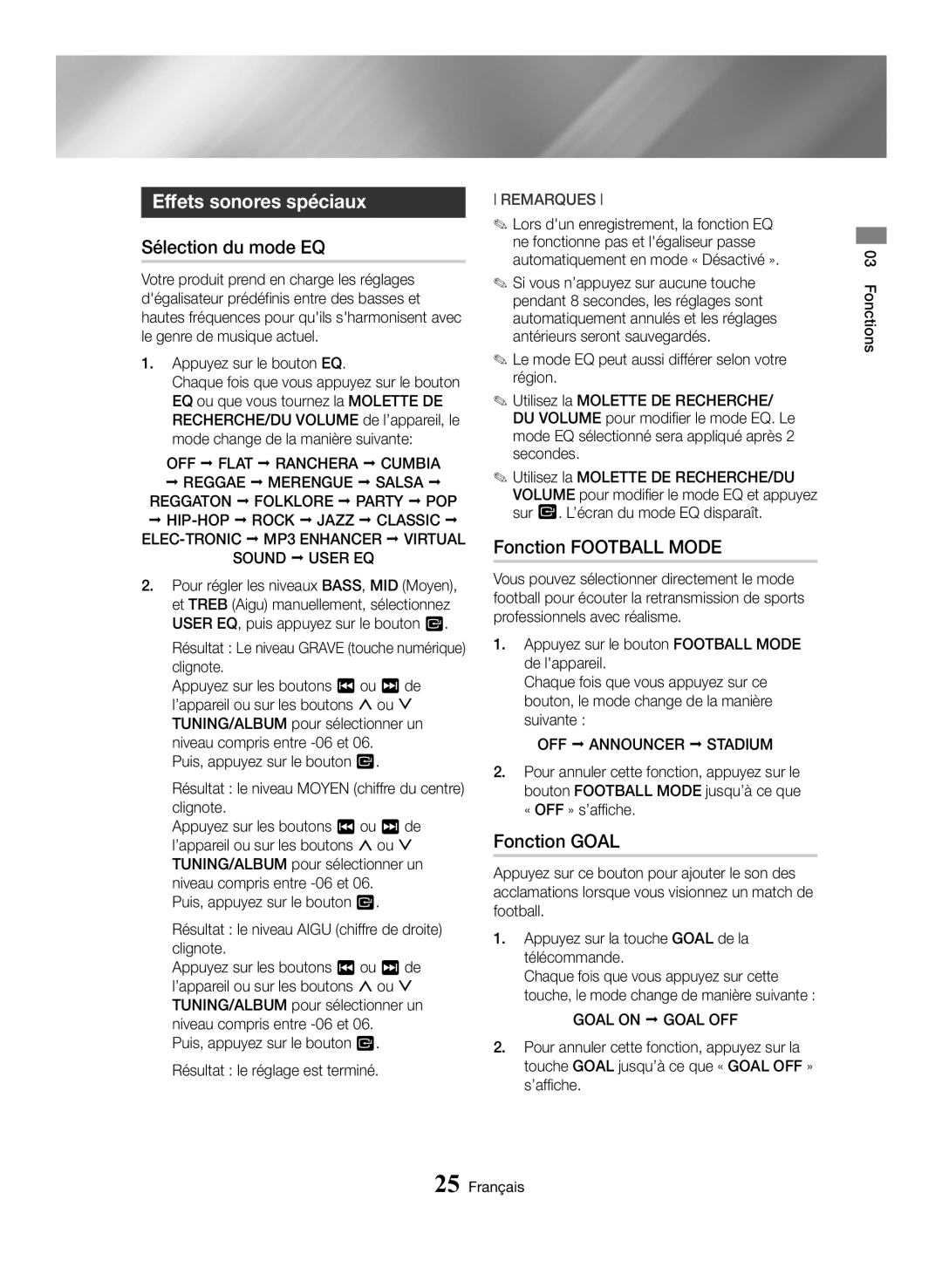 Samsung MX-HS8000/ZF manual Effets sonores spéciaux, Sélection du mode EQ, Fonction Football Mode, Fonction Goal 