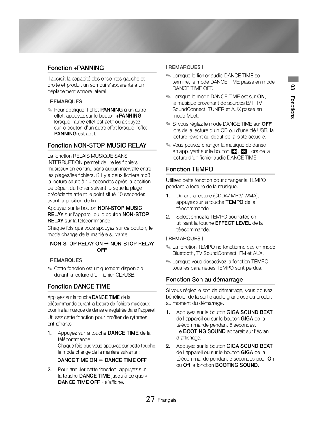 Samsung MX-HS8000/ZF manual Fonction +PANNING, Fonction NON-STOP Music Relay, Fonction Dance Time, Fonction Tempo 